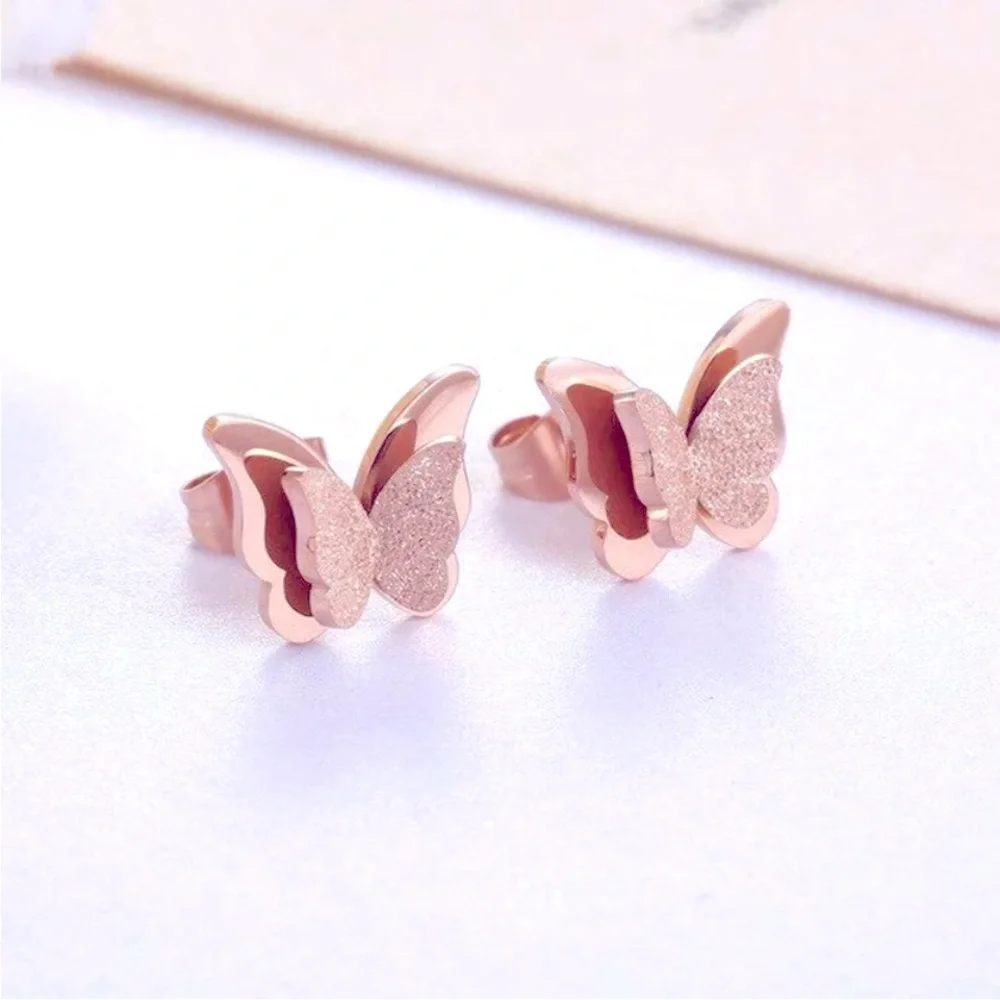 New 14k Rose Gold Over Sterling Silver Double Butterfly Studs